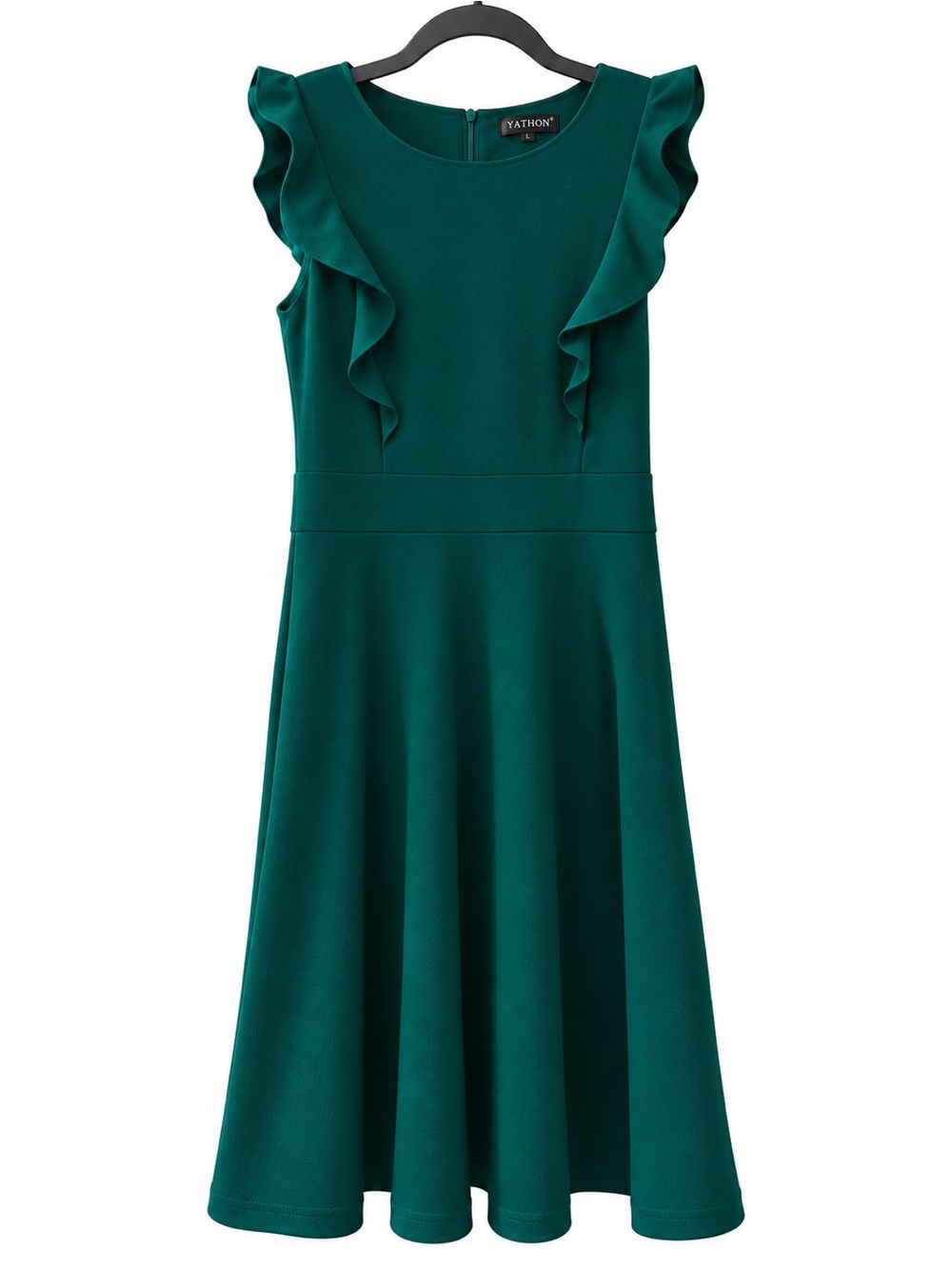 YATHON Green Ruffle Fit & Flare Dress Size L Emerald Cocktail Wedding Midi